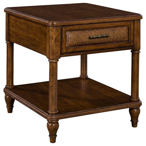 Broyhill end tables - This end table features a drawer with a round handle that opens on wooden glides, revealing room for remotes, chargers, and reading glasses. A lower shelf is ideal for a basket or a stack of books. Plus, this end table measures 27" tall, so it works well in compact spaces. Top Material: Manufactured Wood; Solid Wood
